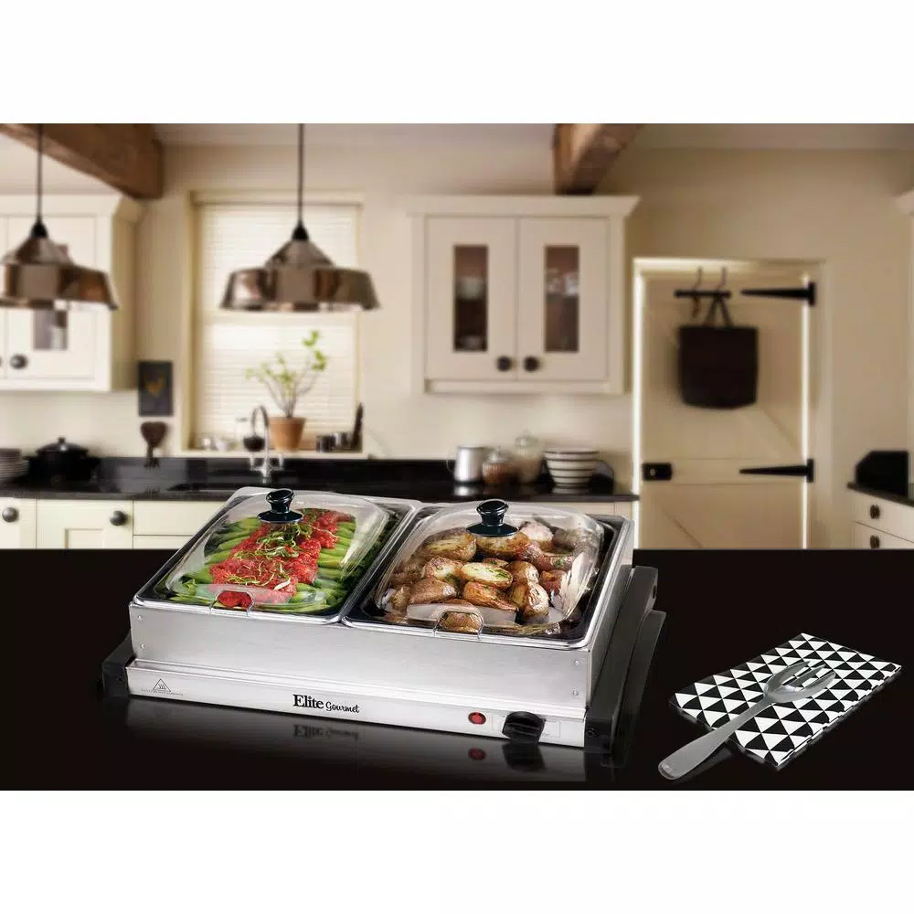 Elite Gourmet 2.5 Qt. Stainless Steel Buffet Server with 2 Crocks and Warming Tray