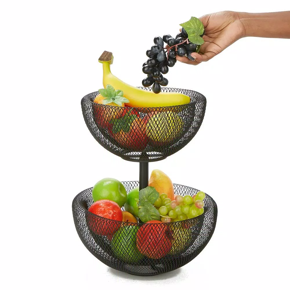 Mind Reader Black 2-Tier Mesh Metal Fruit Bowl, Round Decorative Wire Basket