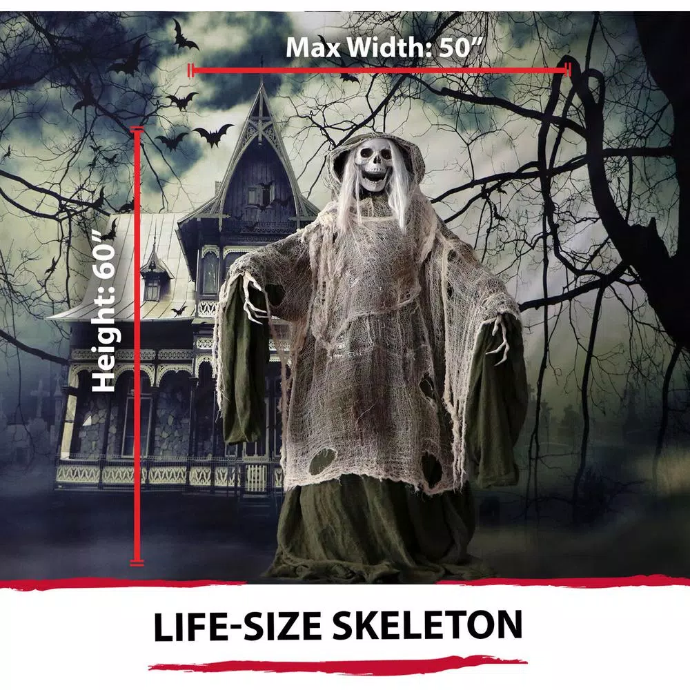 Haunted Hill Farm 5 ft. Animatronic Moaning Skeleton Halloween Prop with Green Cloak