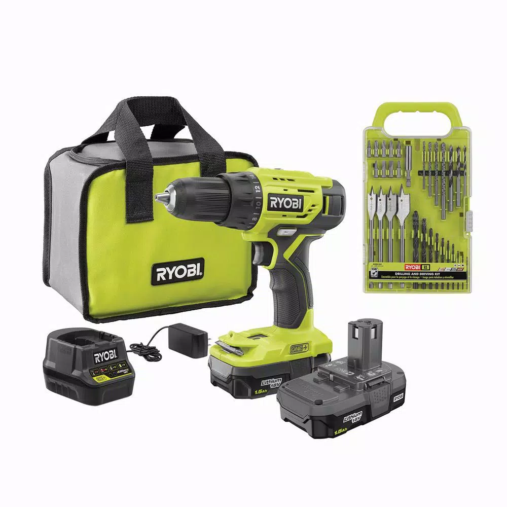 RYOBI 18V ONE+ 1/2 in. Cordless Drill Driver Kit with (2) 1.5 Ah Batteries, Charger, Bag, and 31-Piece Bit Set