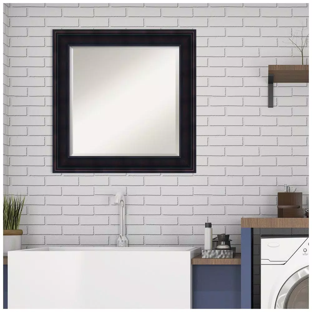 Amanti Art 25 in. Square Beveled Edge Wood Framed Bathroom Vanity Mirror, Dark Brown Mahogany