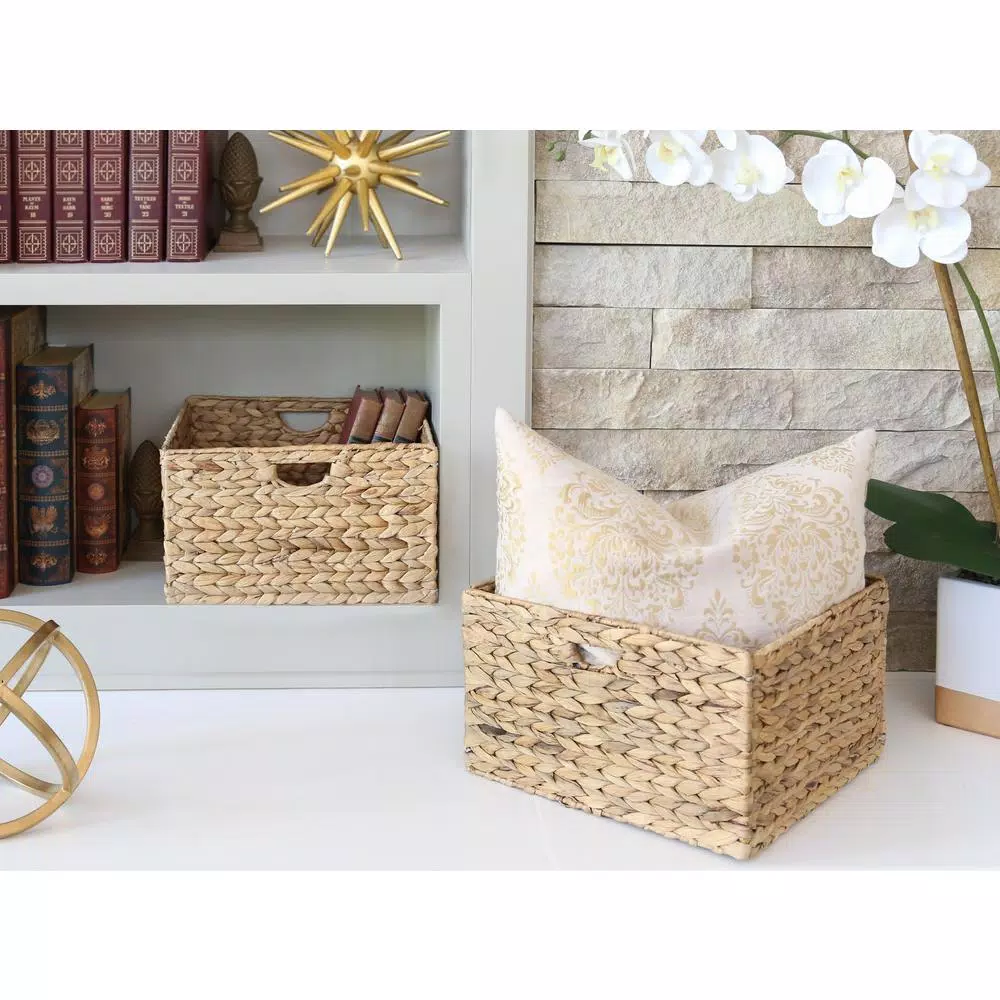 Seville Classics Water Hyacinth Storage Baskets, Hand-Woven Square Decorative Baskets, 2-Pack