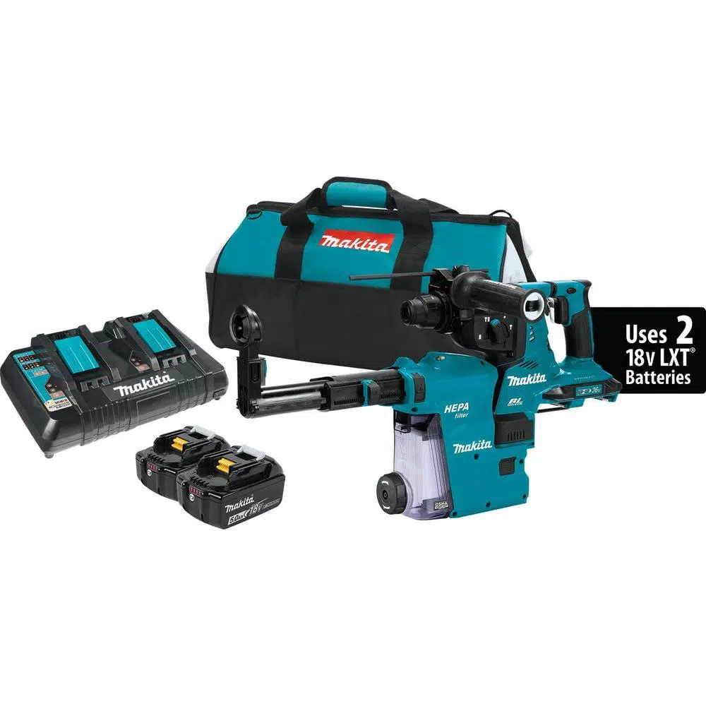 Makita 18V X2 LXT 36V Brushless SDS-Plus Rotary Hammer Kit with HEPA Dust Extractor & 5.0 Ah Batteries