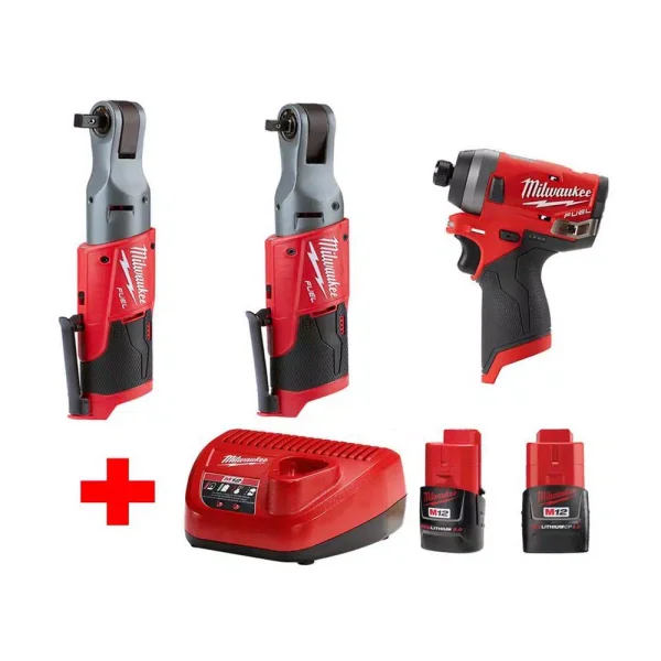 Milwaukee M12 FUEL 12V Brushless Cordless Ratchet & Impact Driver 3-Tool Combo Kit with (2) 2.0Ah Batteries