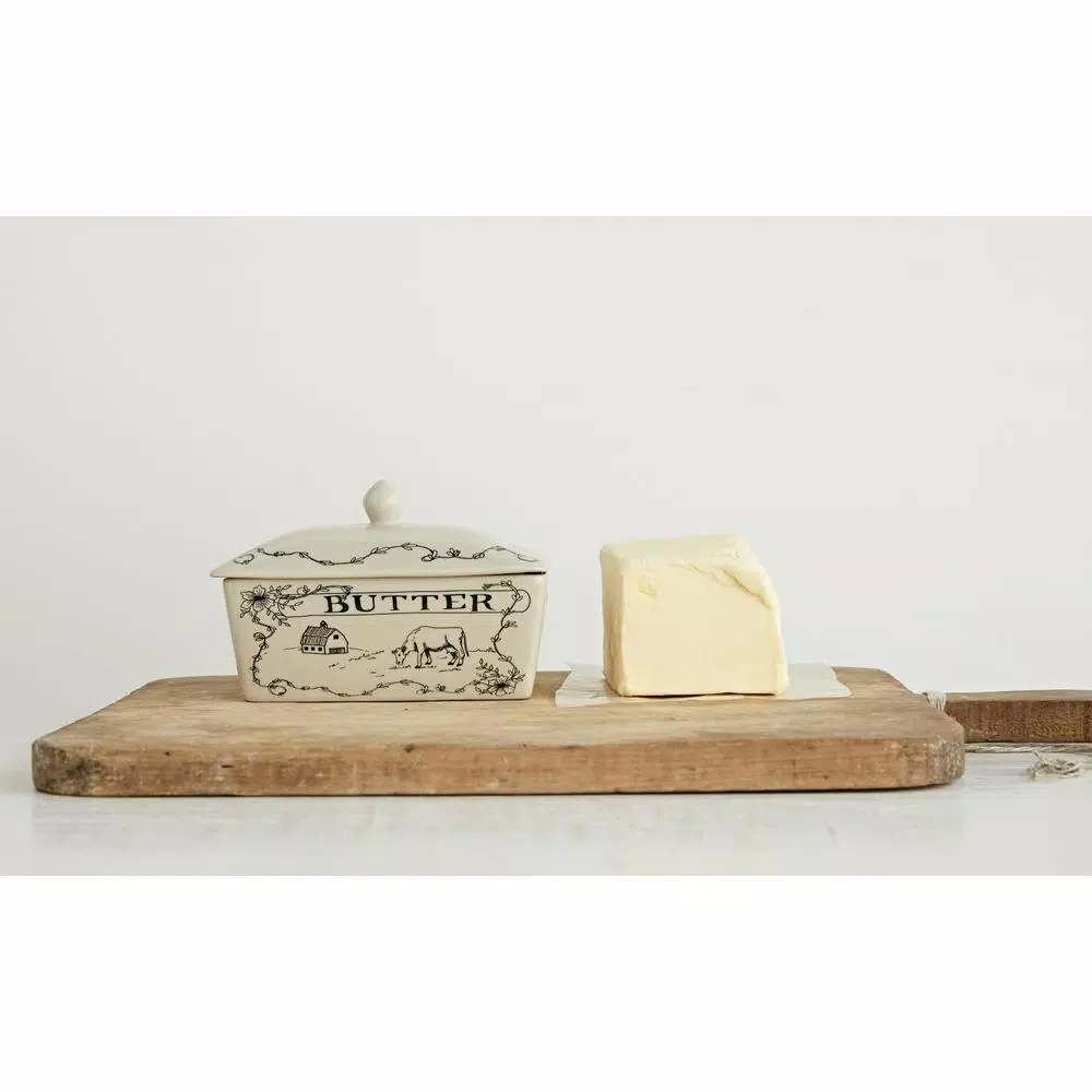 3R Studios White and Black Stoneware Butter Dish with Lid, Farm Scene Design