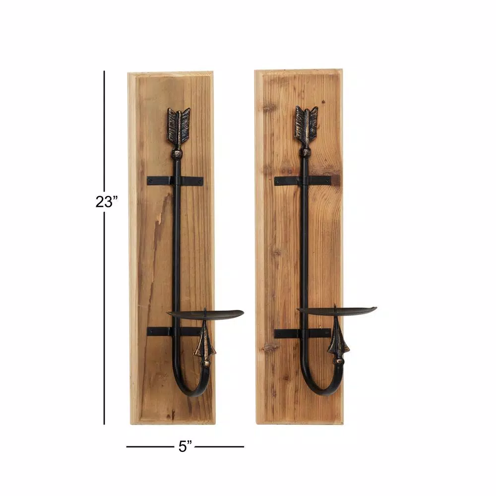 LITTON LANE Industrial Black Metal and Natural Wood Arrow Wall Sconces, Set of 2