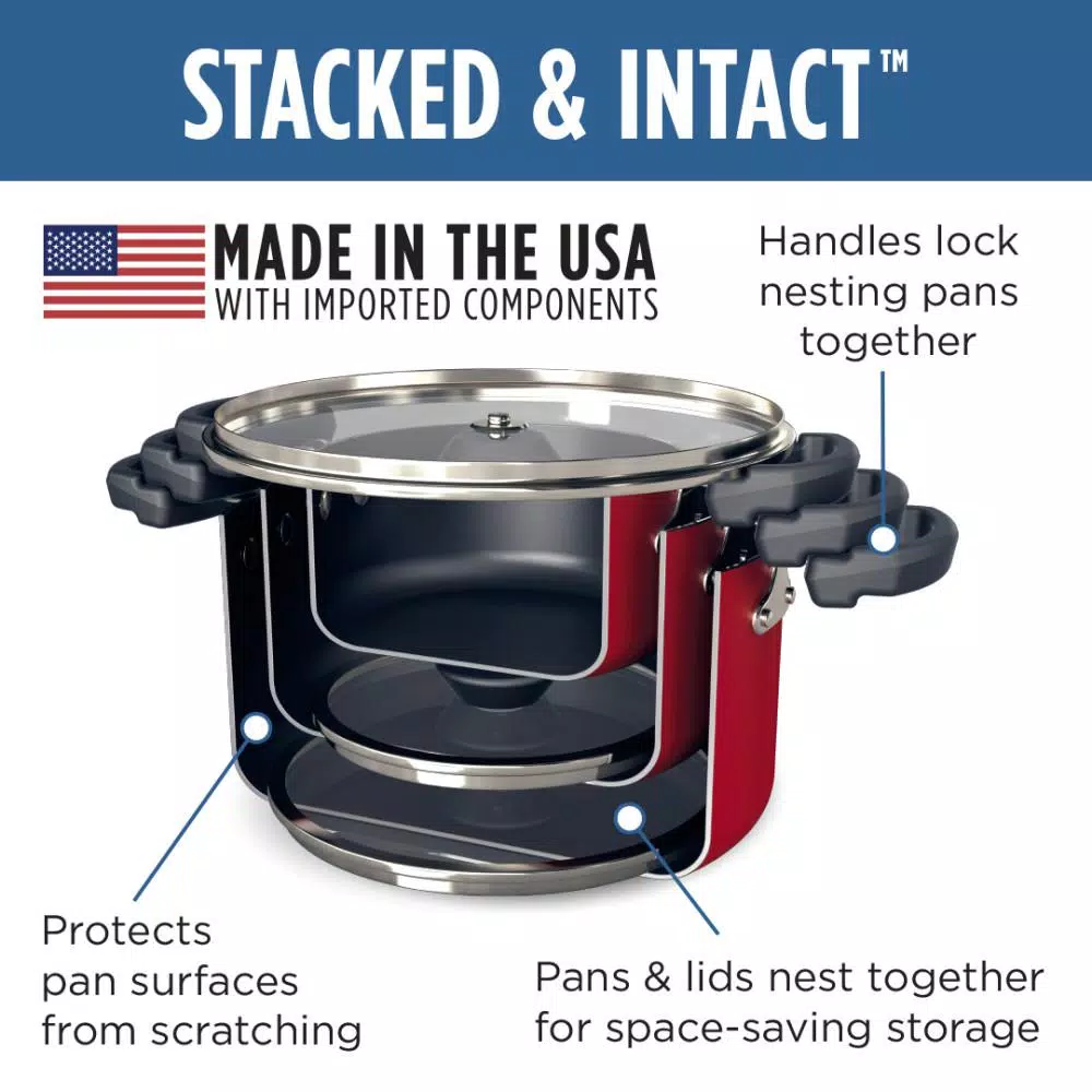 Farberware Neat Nest 6-Quart Aluminum Nonstick Saucepot with Glass Lid, Red