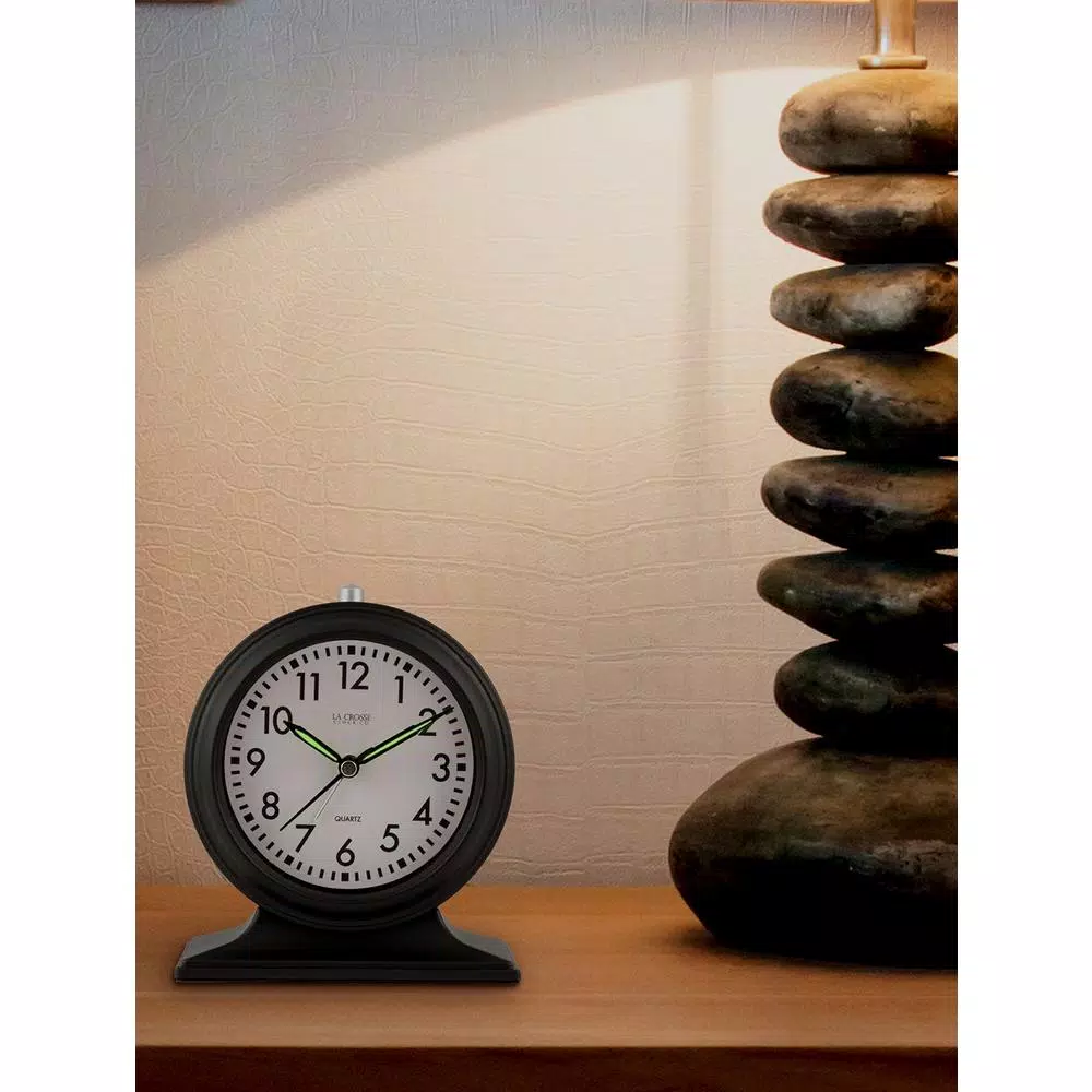 La Crosse Clock Co. Silent Sweep Black Mantel Alarm Clock with Luminous Hands