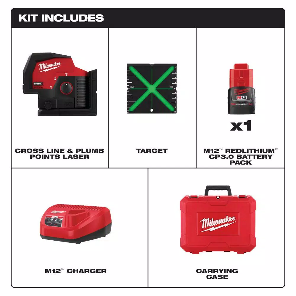 Milwaukee M12 Green Cross Line and Plumb Points Laser Level Kit with 3.0 Ah Battery