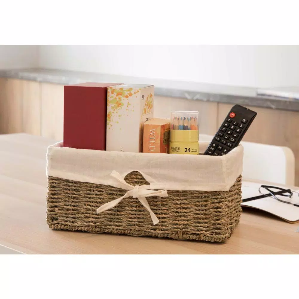 Vintiquewise Natural Seagrass Wicker Shelf Basket with Removable White Liner, 12 x 6.5 x 5.3 in.