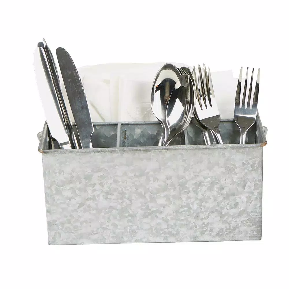 Mind Reader Silver Galvanized Steel Utensil Caddy - 3 Compartment Flatware & Condiment Organizer