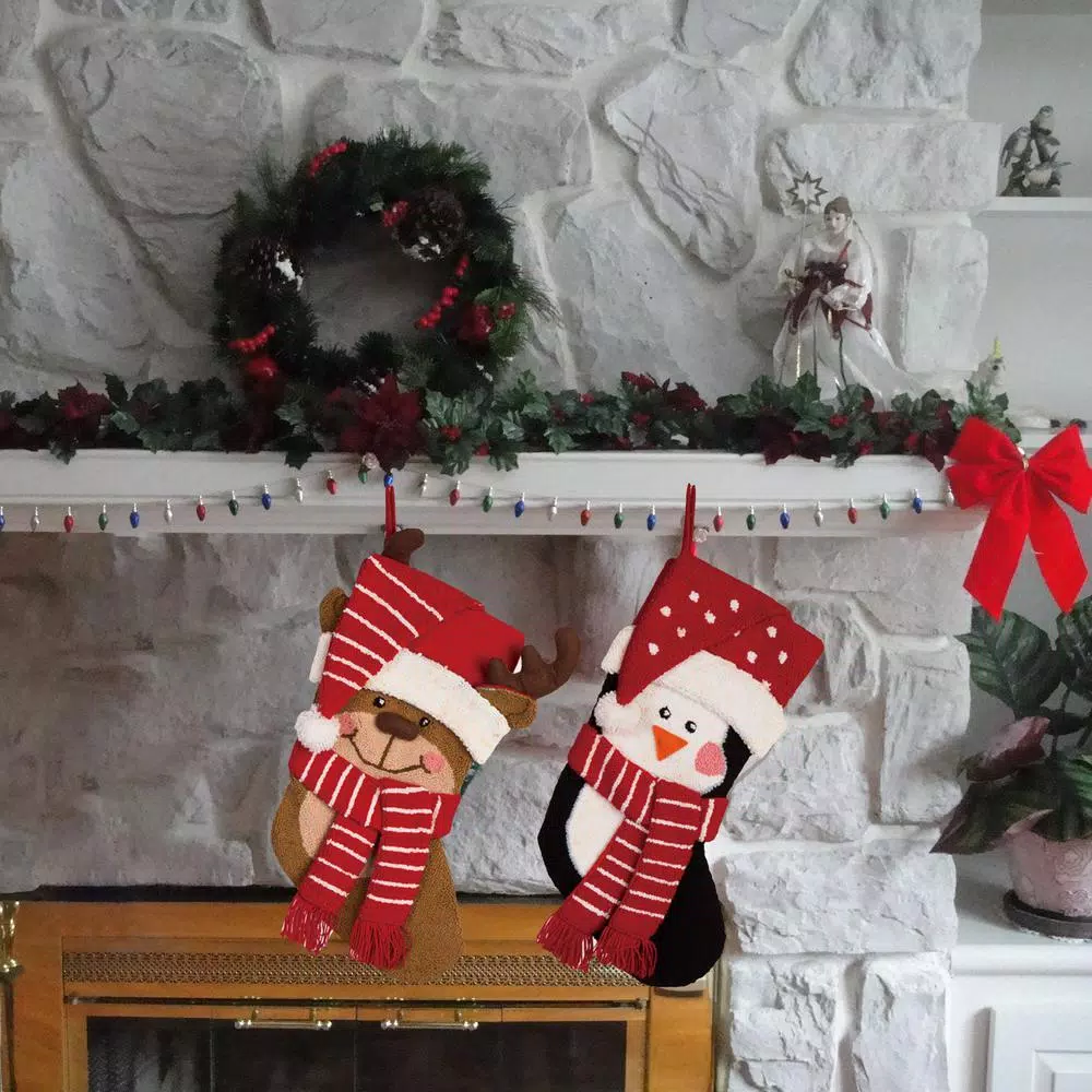 Glitzhome 19 in. 3D Hooked Penguin and Reindeer Christmas Stocking Set of 2