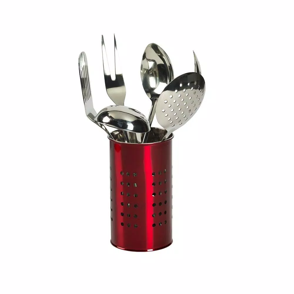 Basic Essentials Red Stainless Steel 7-Piece Kitchen Utensil Set with Storage Tub