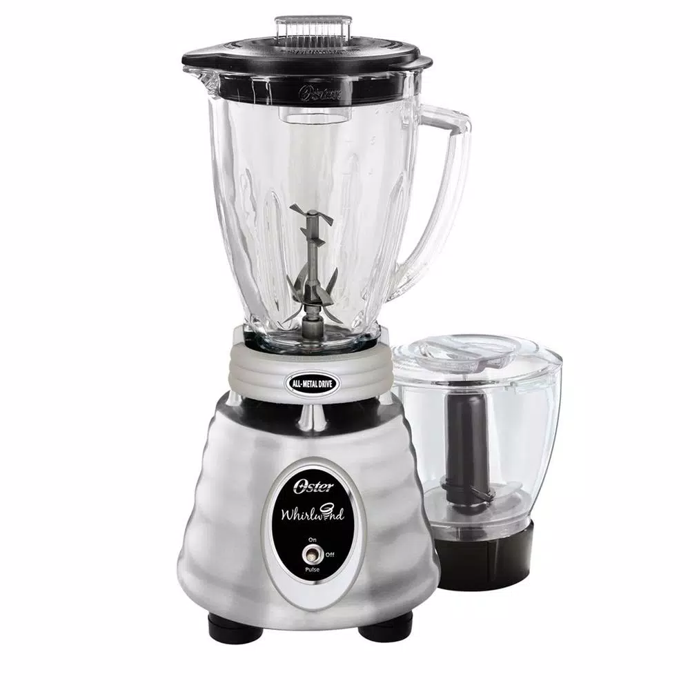 Oster Whirlwind Heritage Blend 1000W Blender with Food Processor Attachment, 48 oz Glass Jar, Chrome