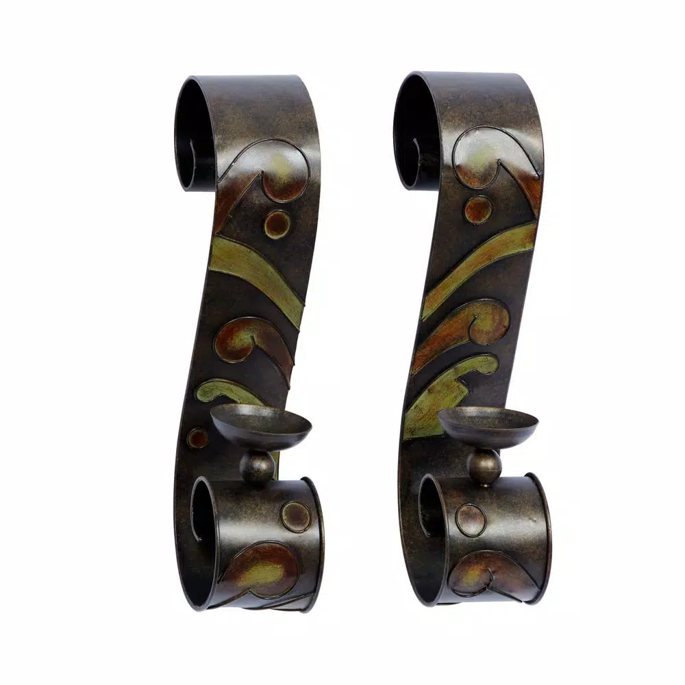 LITTON LANE 19 in. Scrolled Iron Candle Sconces with Metallic Brown Finish (Pair)