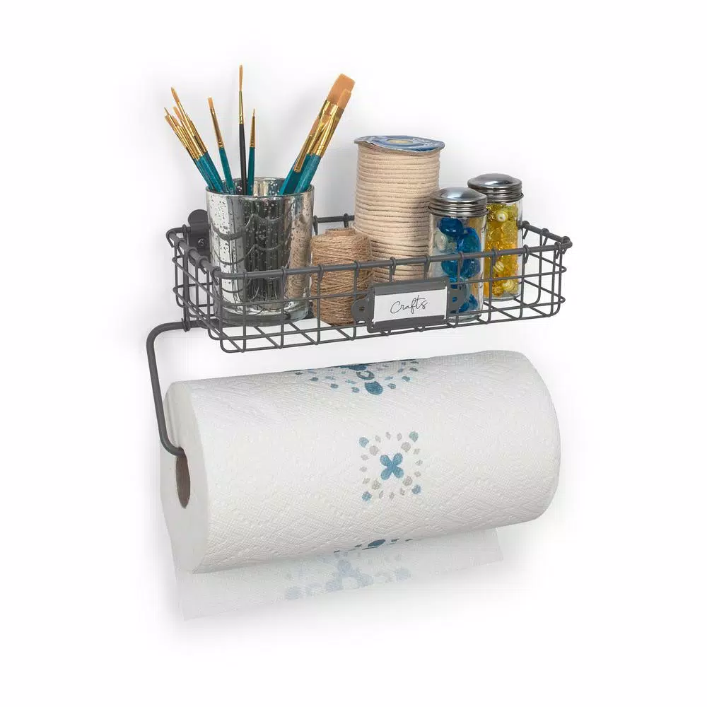 Spectrum Vintage Living Wall Mount Basket with Paper Towel Holder, Industrial Gray Steel