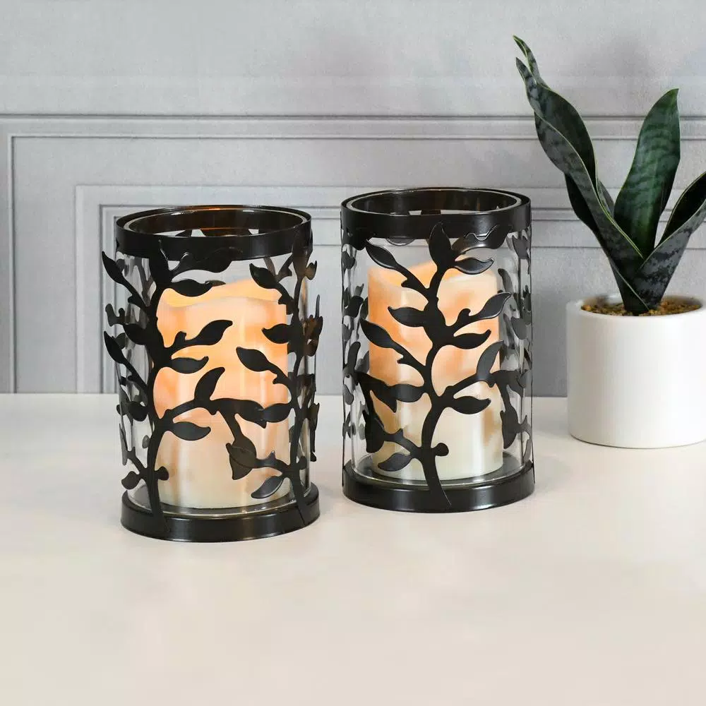 LUMABASE 6.5 in. Vine Metal and Glass Candle Holder Set with LED Pillar Candles (Set of 2)