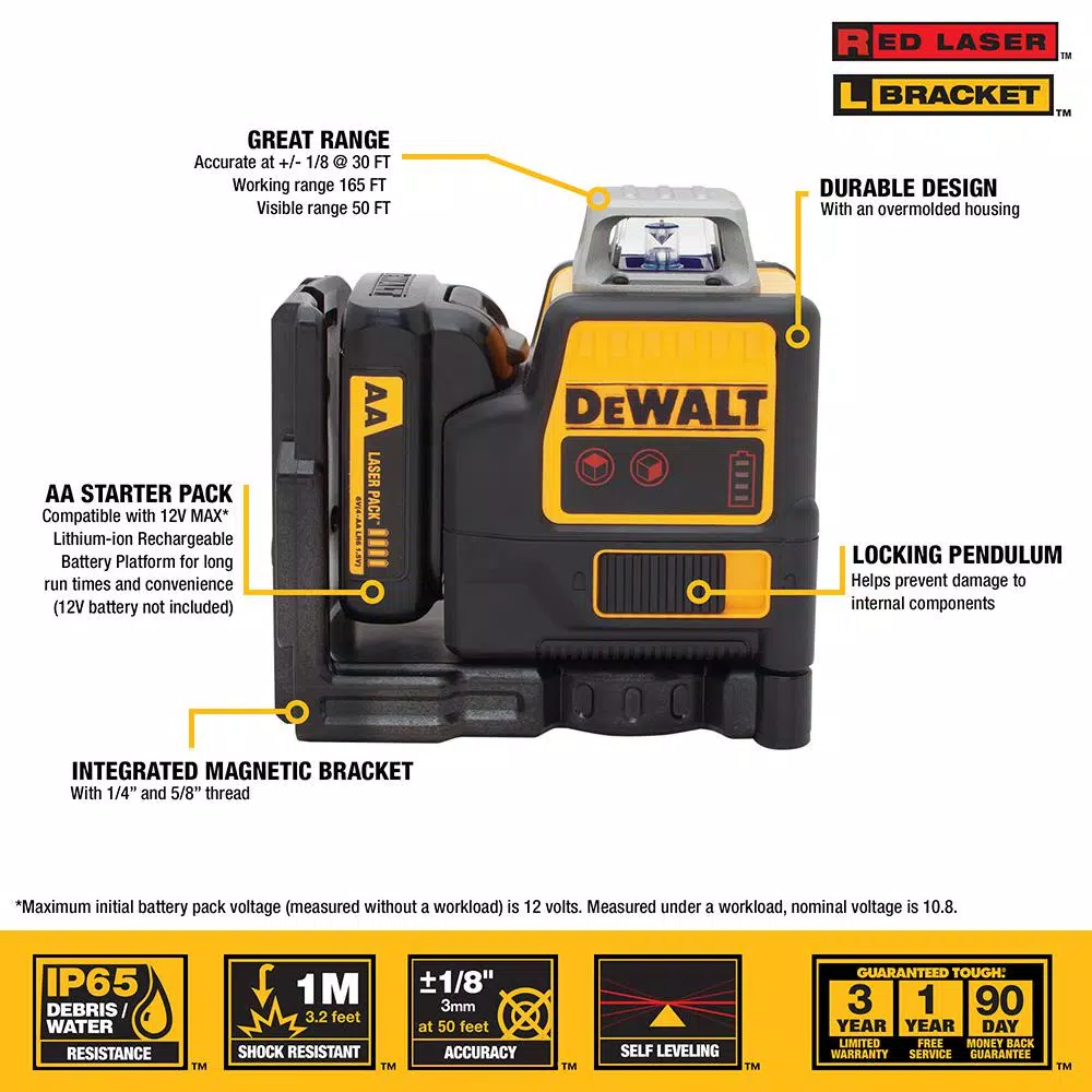 DEWALT DW0811LR 2 x 360° Red Line Laser Level with Case and AA Batteries