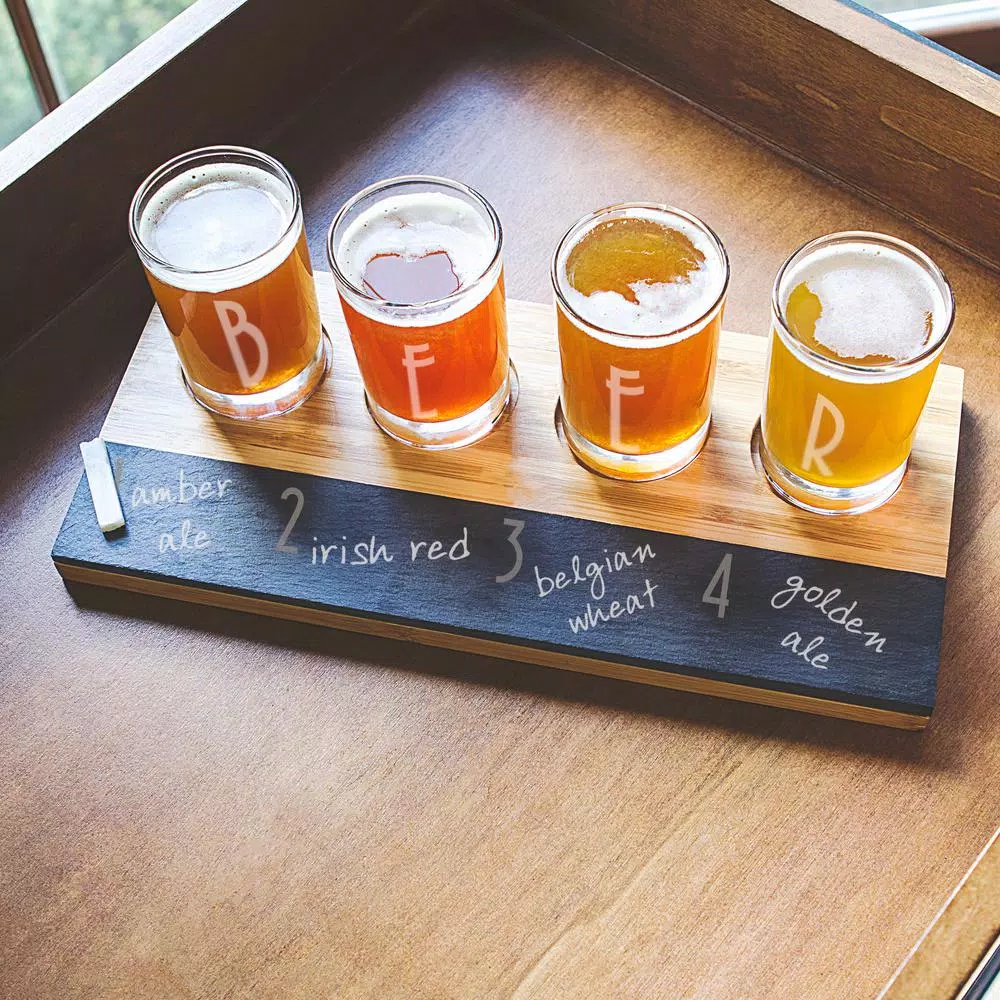 Cathy's Concepts Bamboo and Slate Craft Beer Tasting Flight Set with 4 Engraved 5.5 oz. Taster Glasses