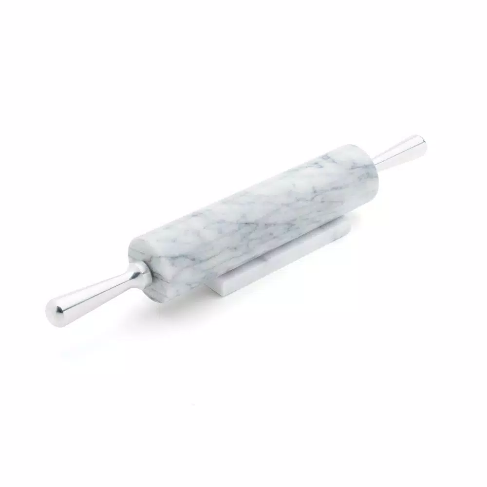 Fox Run White Marble Rolling Pin with Aluminum Handles and Marble Base