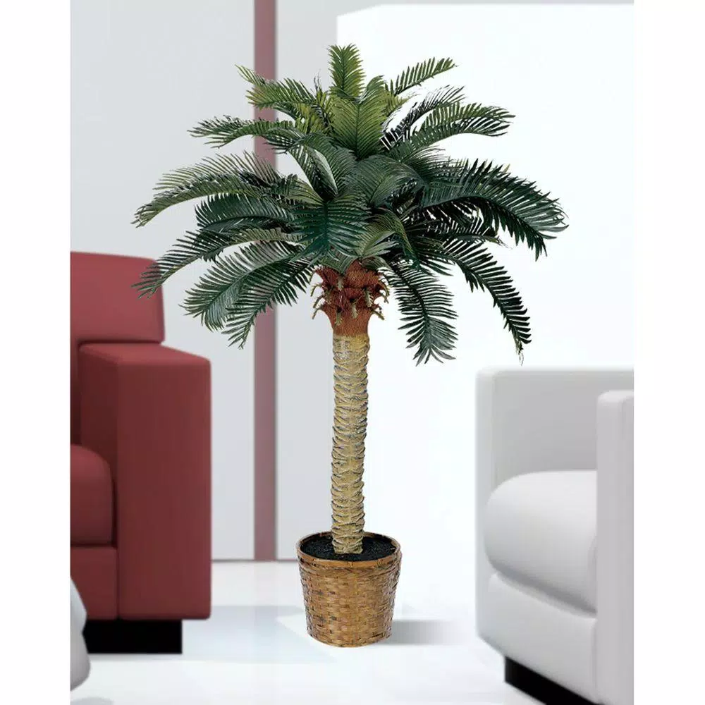Nearly Natural 4 ft. Sago Palm Silk Tree with Decorative Wicker Basket