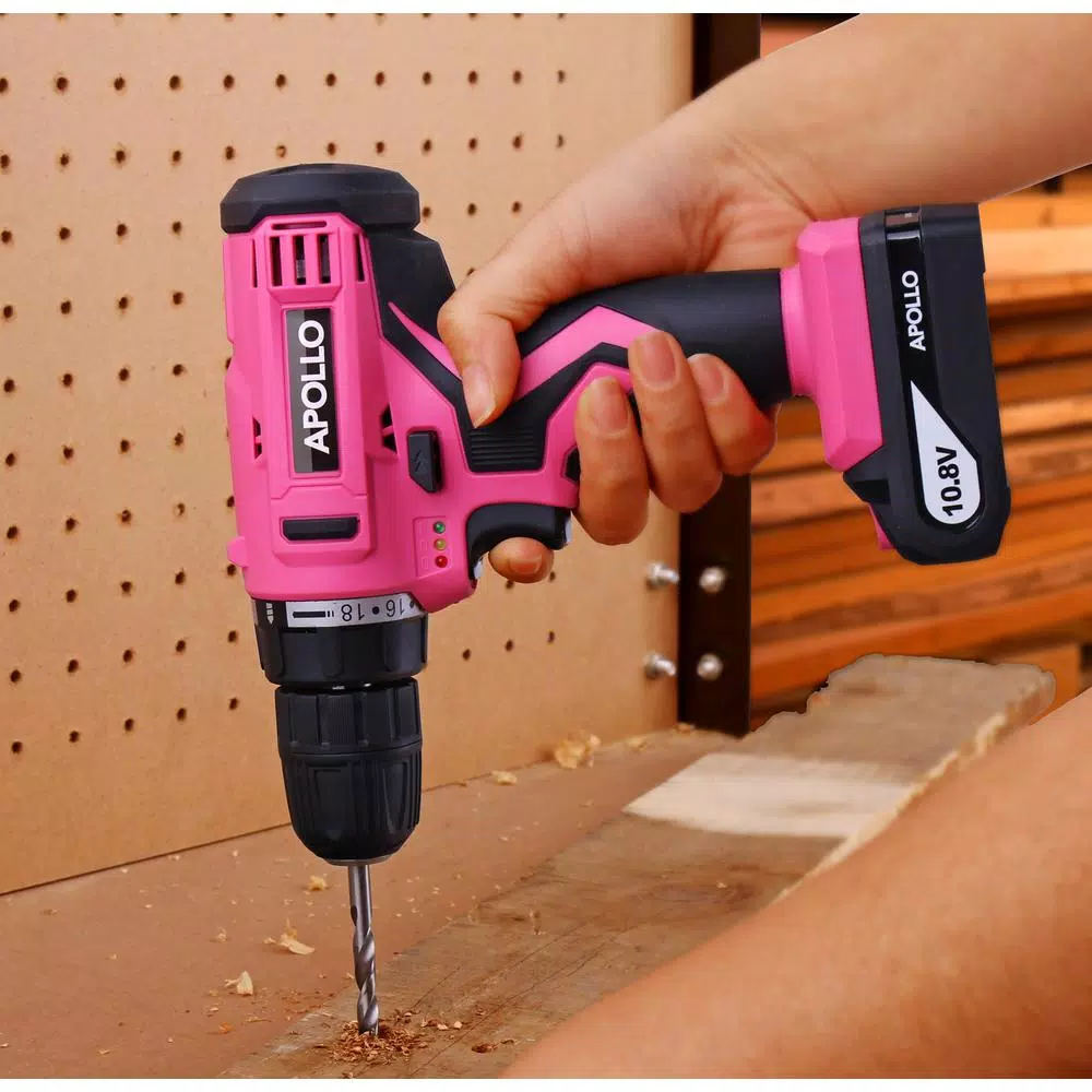 Apollo 10.8V Cordless Drill Driver Kit with 30-Piece Accessory Set, Pink
