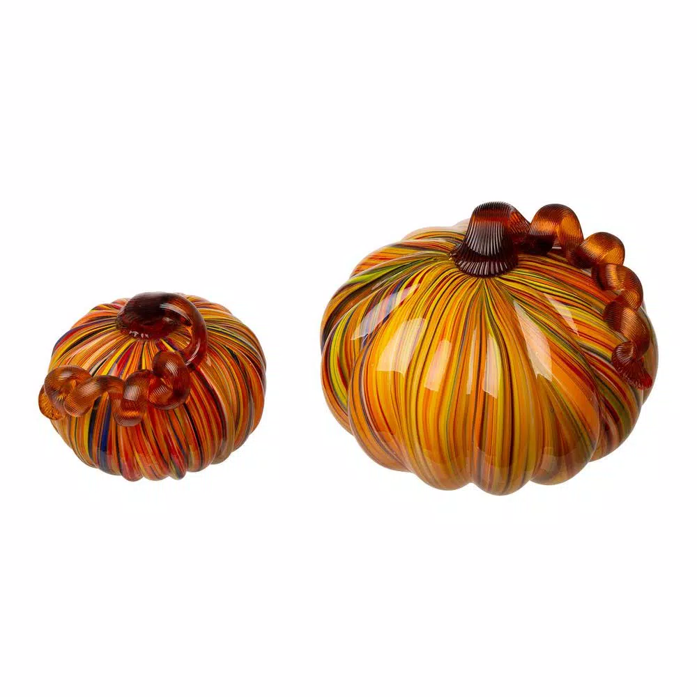 Glitzhome Multi-Striped Glass Short Pumpkin Set - 100% Handmade Glass Tabletop Decoration
