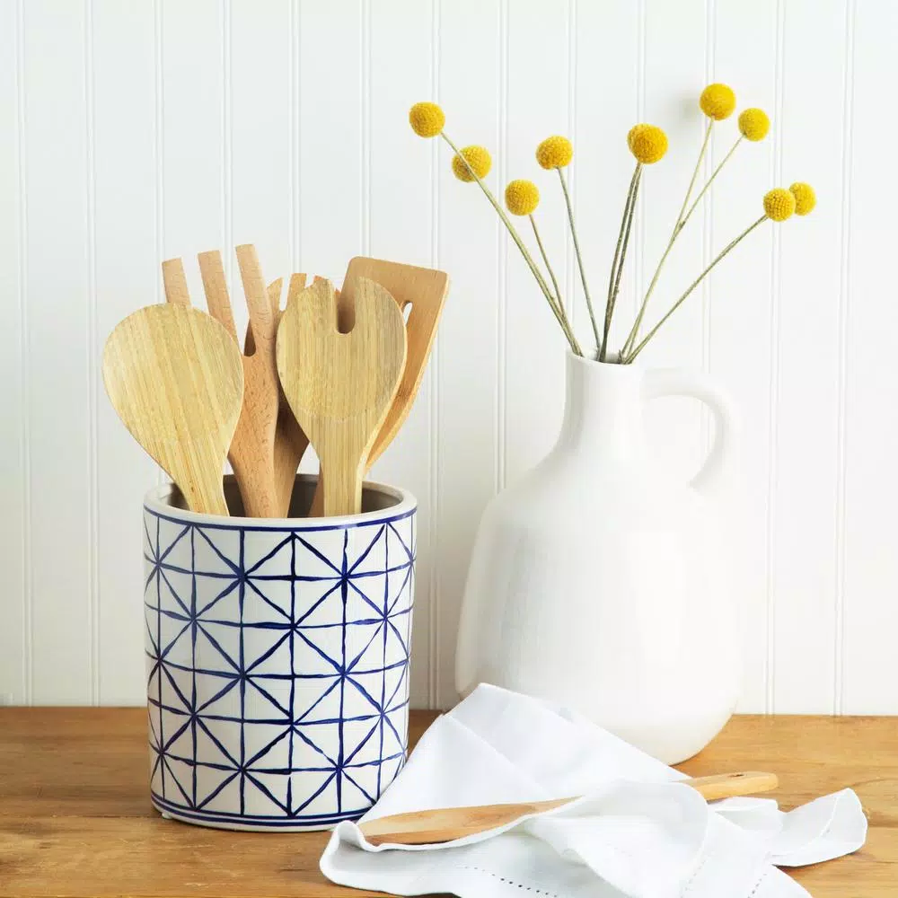 HOME ESSENTIALS AND BEYOND Blue and White Geometric Porcelain Utensil Crock - 6.5 in. Wide