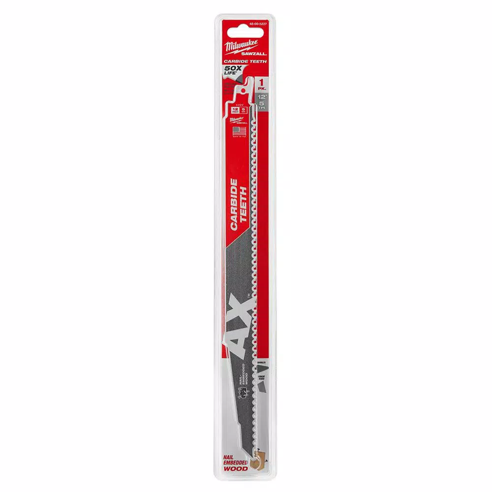 Milwaukee 12 in. 5 TPI Carbide Teeth Demolition Reciprocating Saw Blade for Nail-Embedded Wood