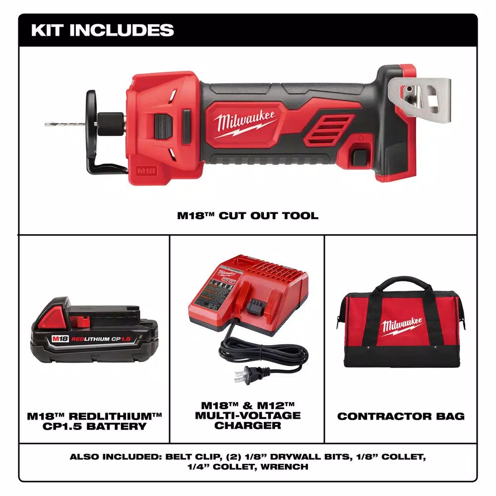 Milwaukee M18 18V Lithium-Ion Cordless Rotary Cut Out Tool Kit with Two 1.5 Ah Batteries, Charger and Bag