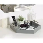 Kate and Laurel Lipton Gray Hexagon Decorative Tray with Mirrored Base and Polished Metal Handles thumbnail 5