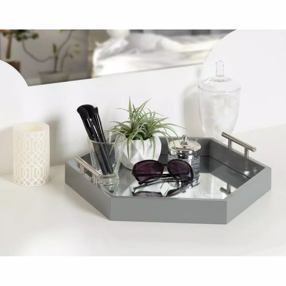 Kate and Laurel Lipton Gray Hexagon Decorative Tray with Mirrored Base and Polished Metal Handles