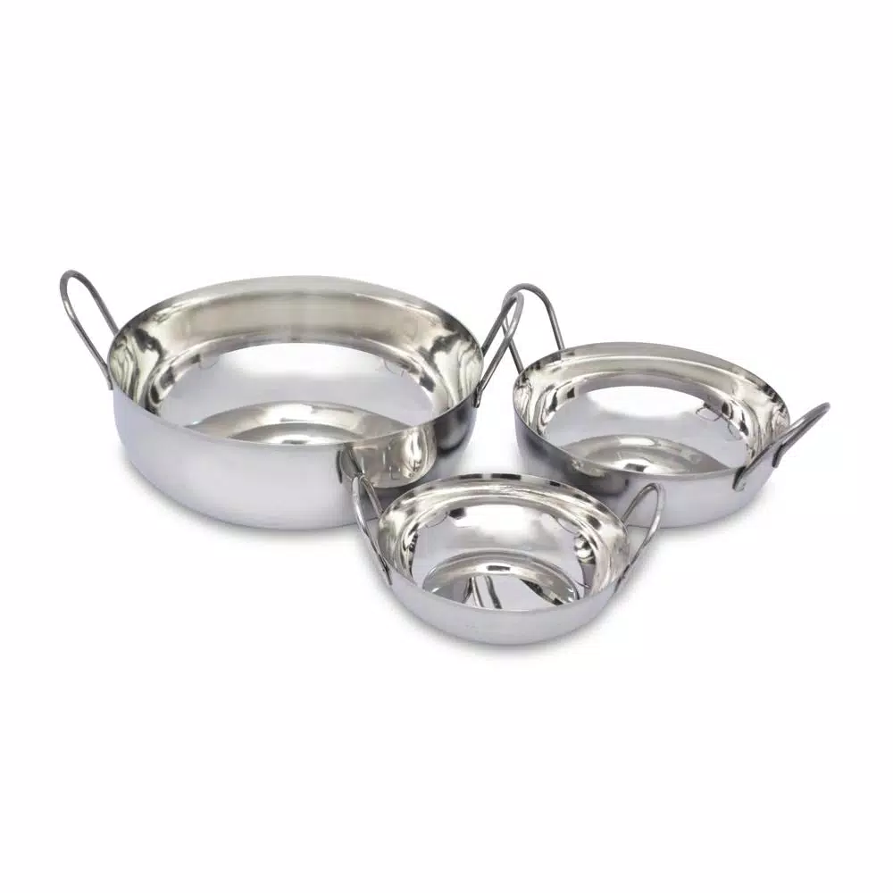 Unbranded 3-Piece Stainless Steel Balti Pan Set, 3 Sizes (3.25 Qt., 1.25 Qt., 0.50 Qt.)