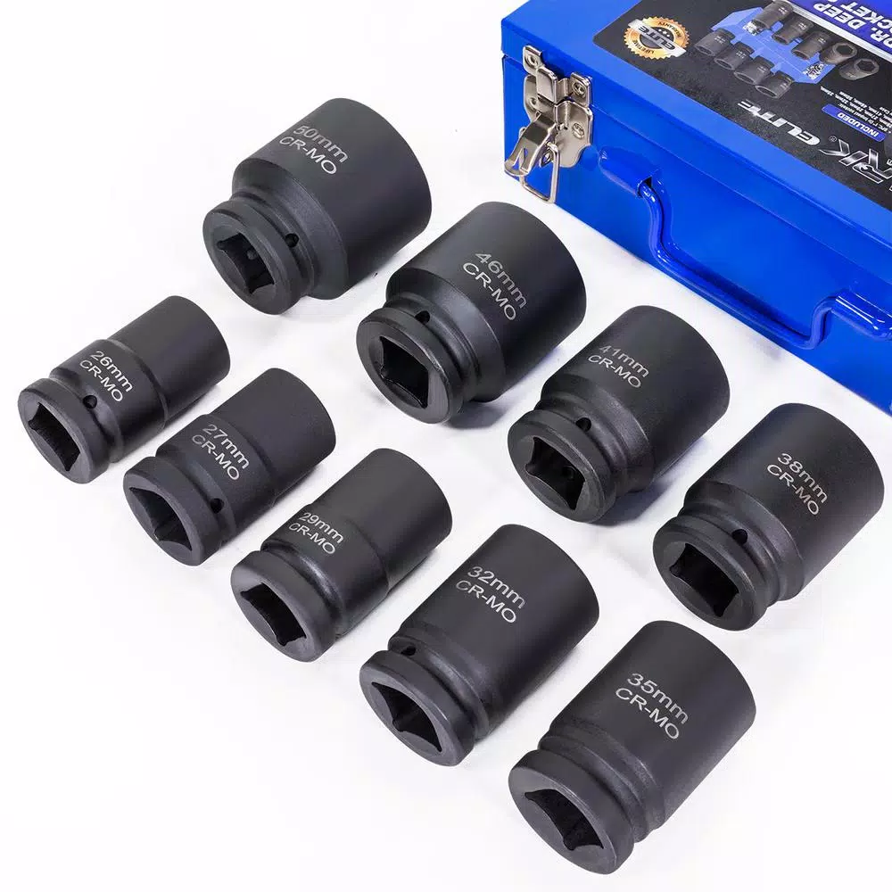 Stark 1 in. Drive Jumbo Truck Deep Impact Socket Set, 10-Piece Metric Set with Metal Case