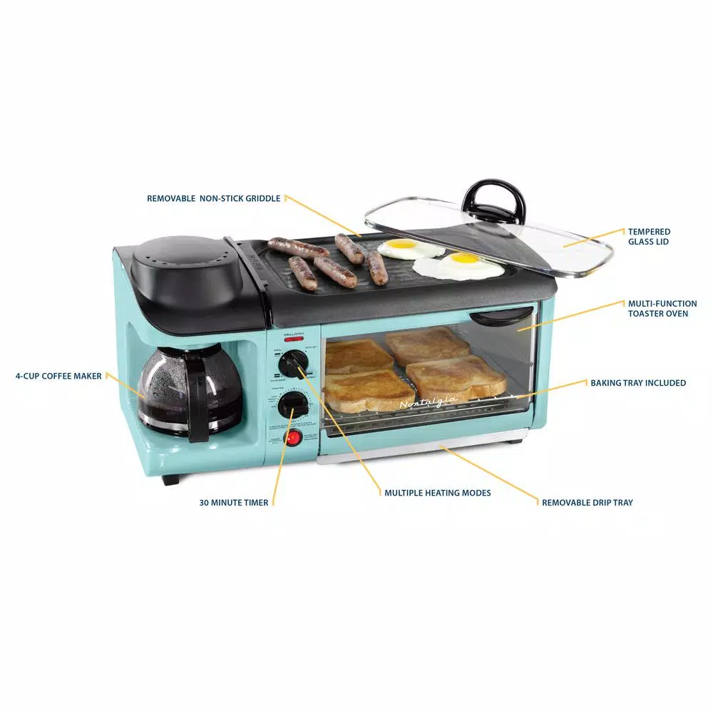 Nostalgia BSET300BLUE Retro Series 3-in-1 Breakfast Station, 1500W, 4-Slice Toaster Oven & 4-Cup Coffee Maker, Blue