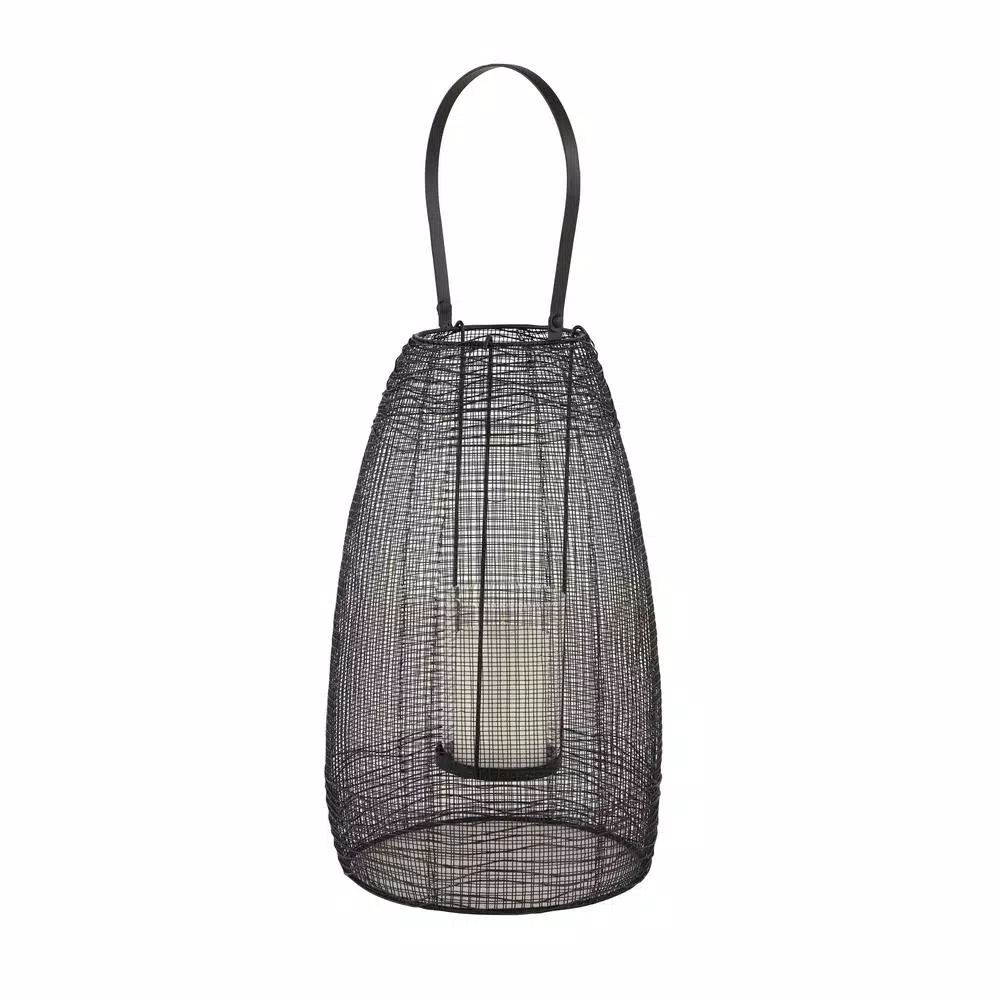 LITTON LANE Large Black Metal Mesh Lantern Candle Holder with Suspended Hurricane Glass