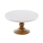 LITTON LANE 10 in. White Marble and Mango Wood Cake Stand, Brown Wood Base thumbnail 1