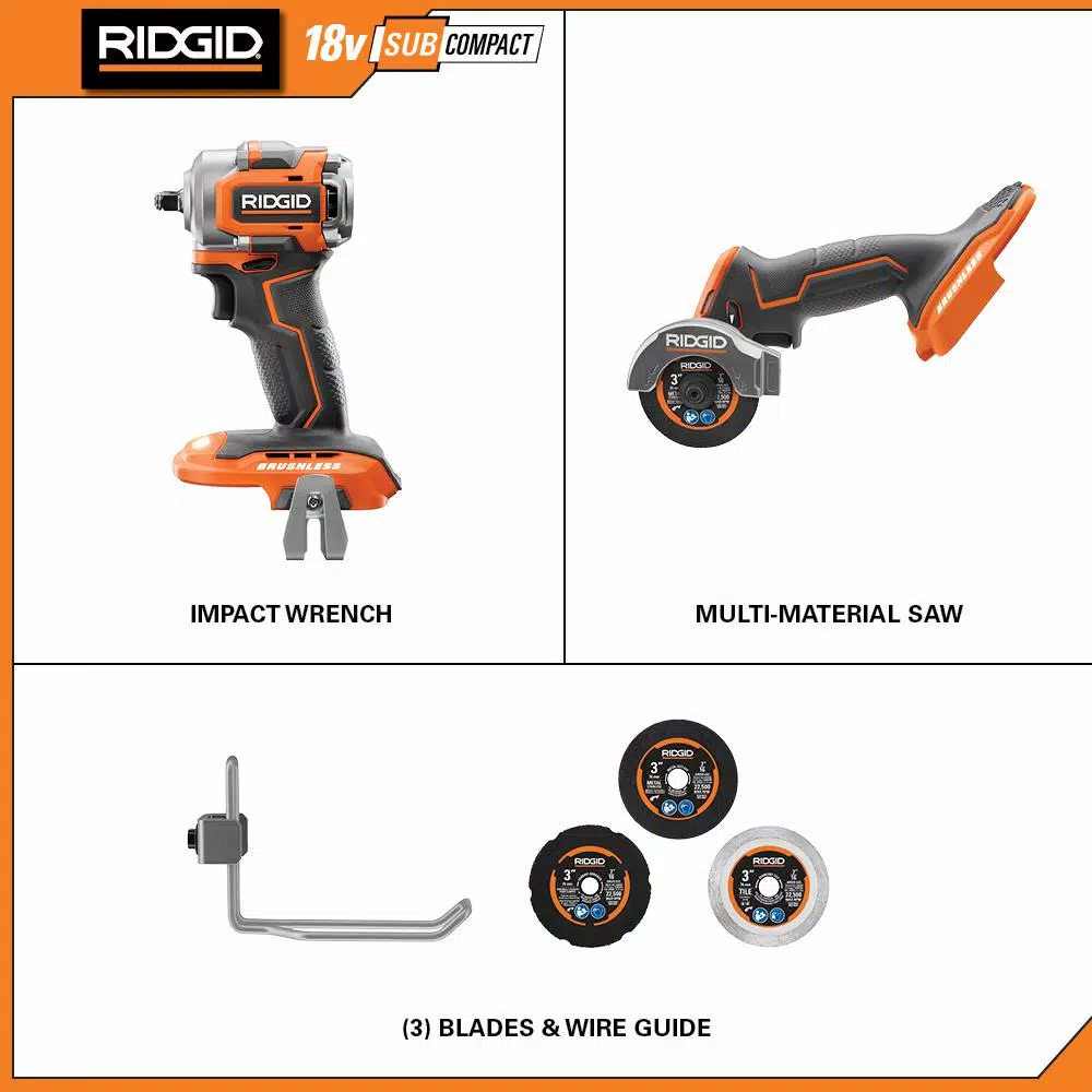RIDGID 18V SubCompact Brushless Cordless 3/8 in. Impact Wrench and 3 in. Multi-Material Saw Combo Kit
