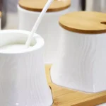 Elama Ceramic Condiment Jar Set with Bamboo Lids, Serving Spoons, and Tray - 13 Piece White Set thumbnail 2