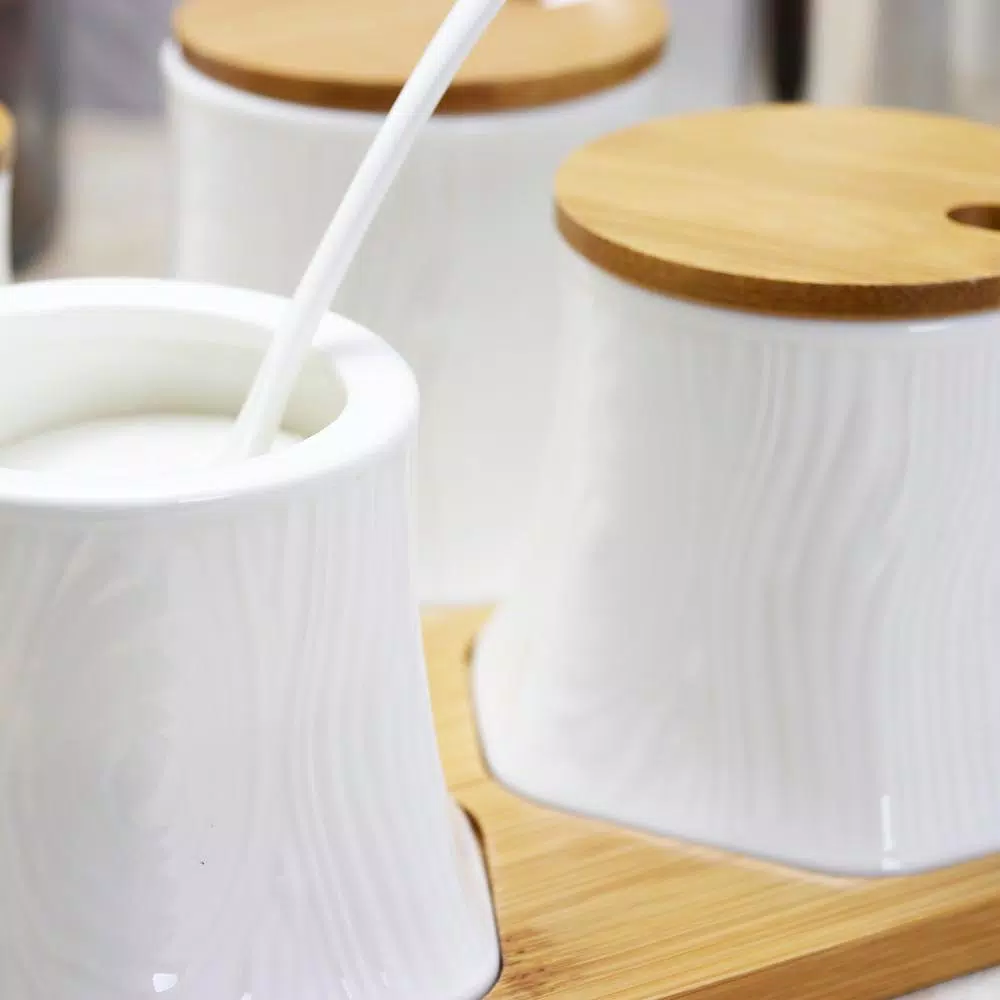 Elama Ceramic Condiment Jar Set with Bamboo Lids, Serving Spoons, and Tray - 13 Piece White Set