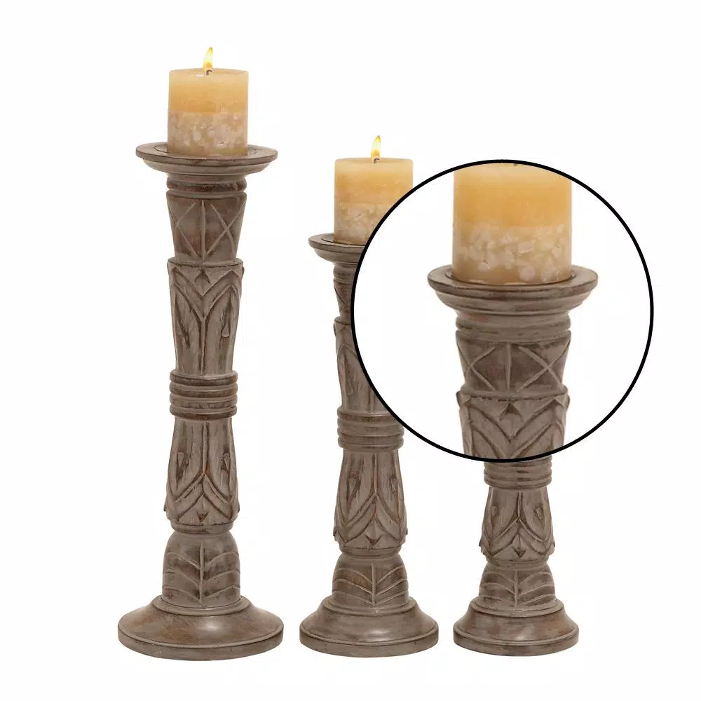 LITTON LANE Rustic Brown Carved Mango Wood Candle Holder Set of 3 with Tribal Engraved Patterns
