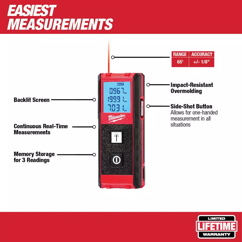 Milwaukee Tool 65 ft. Laser Distance Meter with Backlit Screen