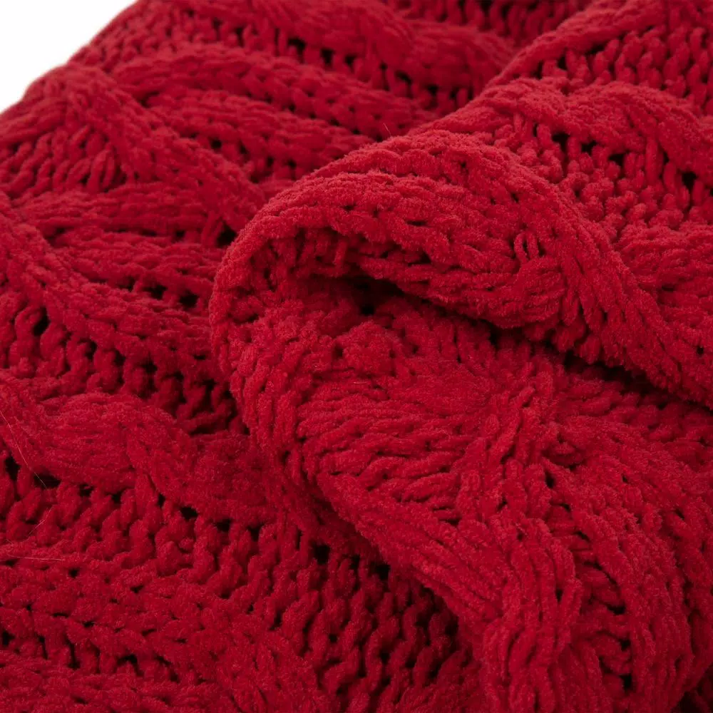 Glitzhome Red Chenille Knitted Throw Blanket, 60 x 50 in, 865 GSM Heavyweight Polyester