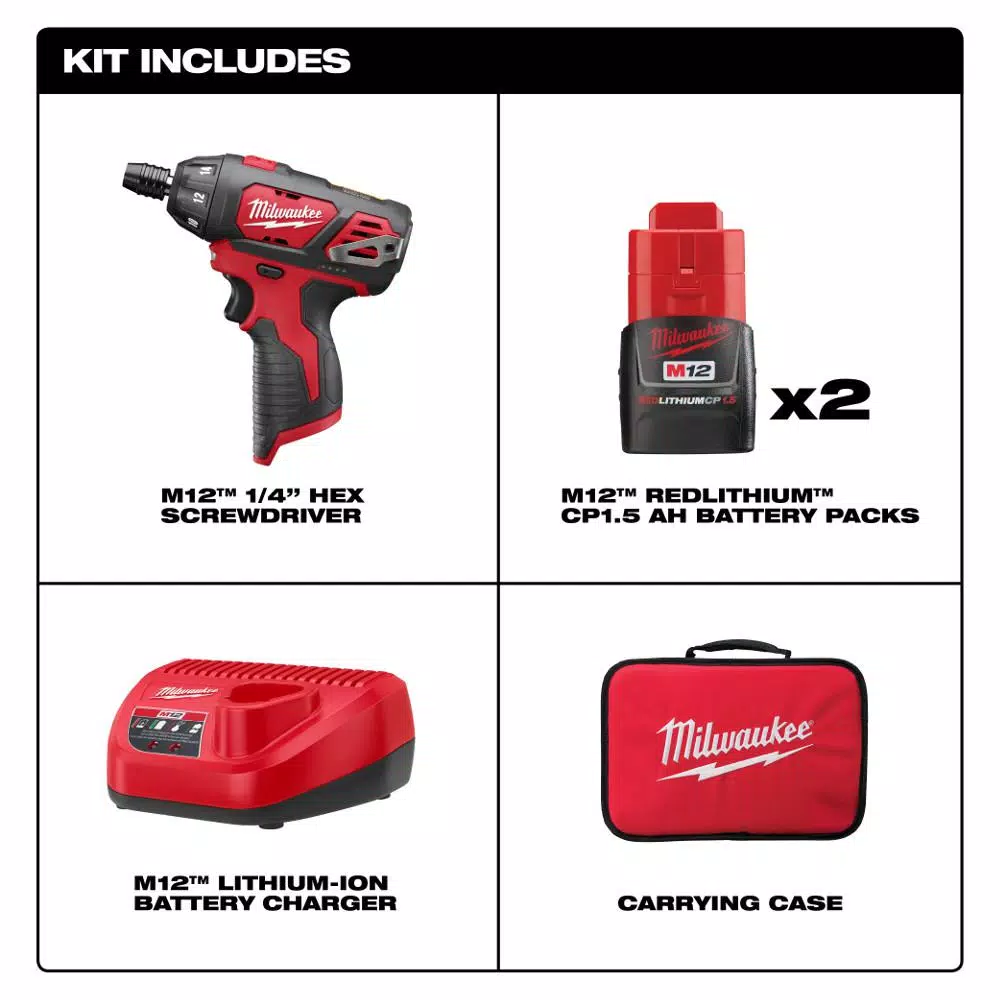 Milwaukee M12 12V Lithium-Ion Cordless 1/4 in. Hex Screwdriver Kit with Two 1.5Ah Batteries and 25 ft. Tape Measure
