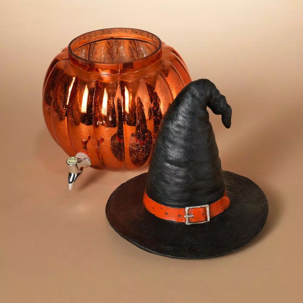 Gerson Halloween 17 in. Orange Glass Pumpkin Beverage Dispenser with Witch Hat