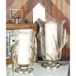 LITTON LANE 10 in. Aluminum Antler and Frosted Glass Hurricane Candle Holder, Silver thumbnail 1
