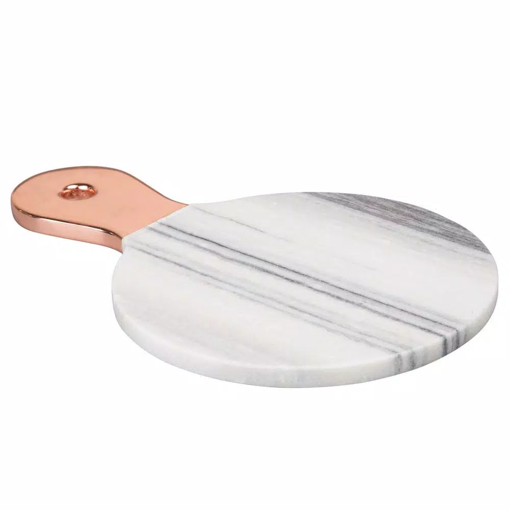 Creative Home Natural White Marble Cheese Serving Board with Stainless Steel Copper Trim Handle, 12.2 x 8 in.