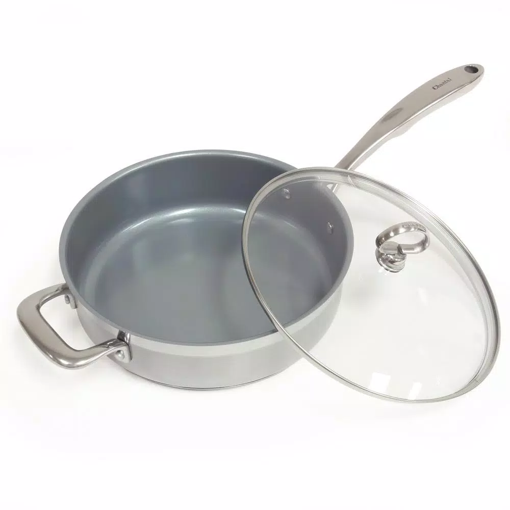 Chantal Induction 21 Steel 10 in. Stainless Steel Ceramic Nonstick Skillet with Glass Lid, Brushed Stainless Steel