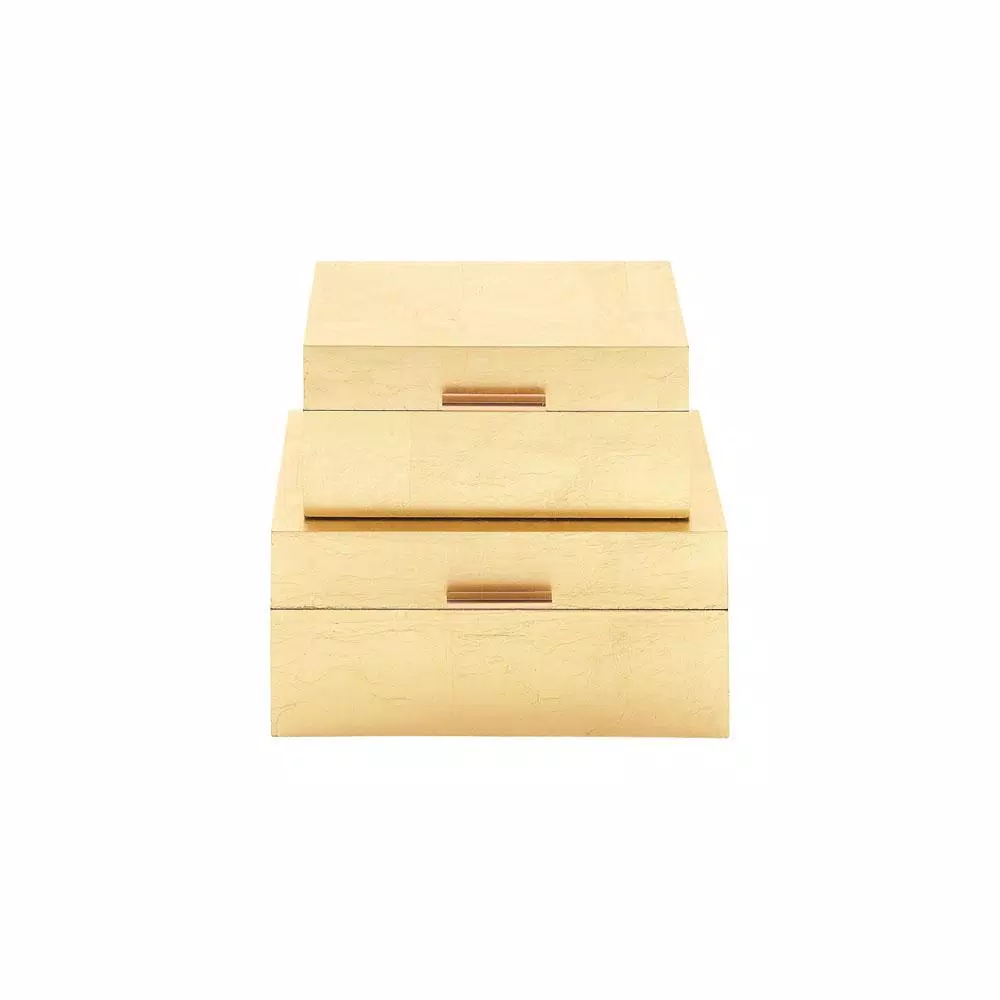 CosmoLiving by Cosmopolitan Metallic Gold Decorative Wooden Boxes, Set of 2, Rectangular Gold Leaf Finish