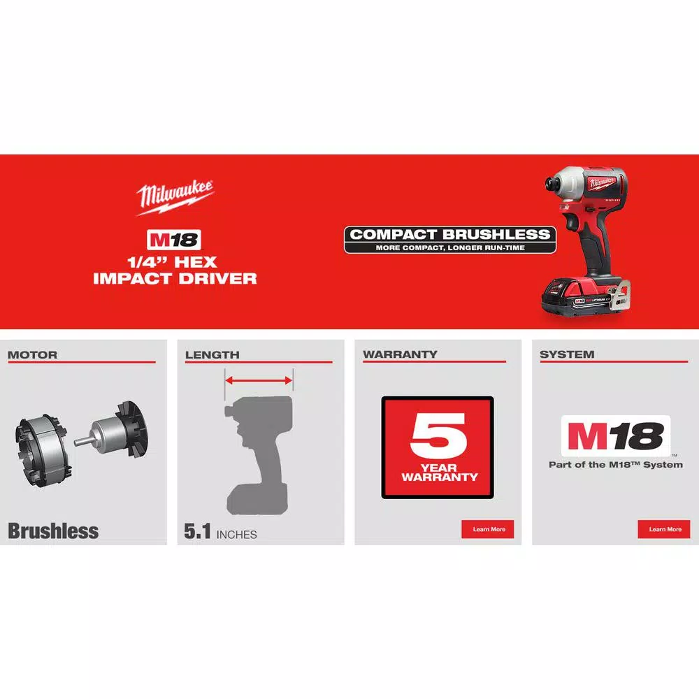Milwaukee M18 18V Compact Brushless 1/4 in. Hex Impact Driver Kit with 2.0 Ah Battery, Charger & Tool Bag